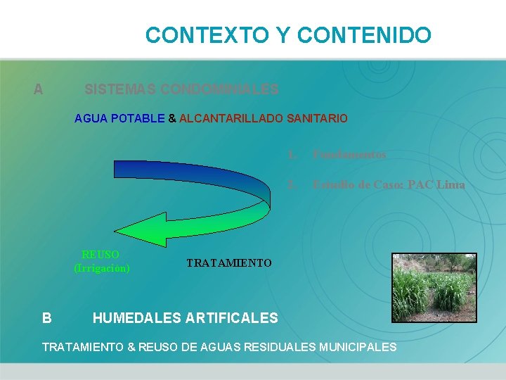 CONTEXTO Y CONTENIDO A SISTEMAS CONDOMINIALES AGUA POTABLE & ALCANTARILLADO SANITARIO REUSO (Irrigación) B