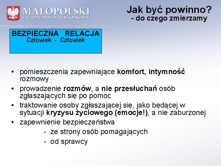 Jak być powinno? - do czego zmierzamy BEZPIECZNA RELACJA Człowiek - Człowiek • pomieszczenia