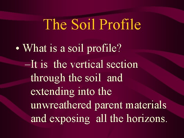 The Soil Profile • What is a soil profile? –It is the vertical section