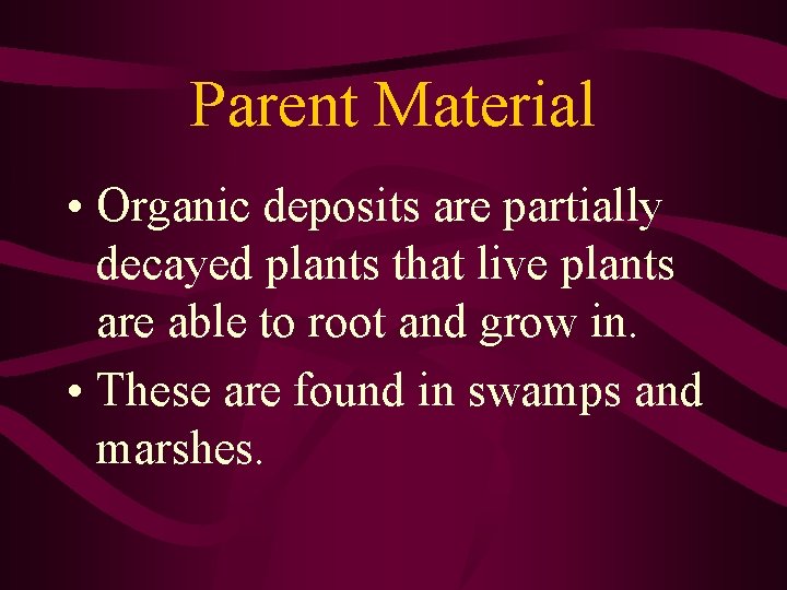 Parent Material • Organic deposits are partially decayed plants that live plants are able