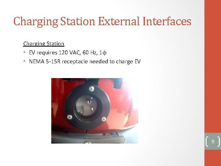 Charging Station External Interfaces Charging Station • EV requires 120 VAC, 60 Hz, 1ɸ