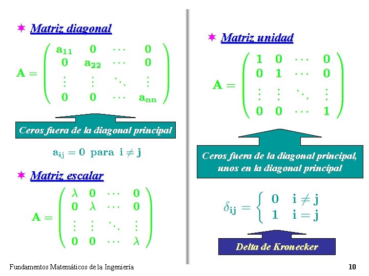 ¬ Matriz diagonal ¬ Matriz unidad Ceros fuera de la diagonal principal ¬ Matriz ¬ Matriz diagonal ¬ Matriz unidad Ceros fuera de la diagonal principal ¬ Matriz