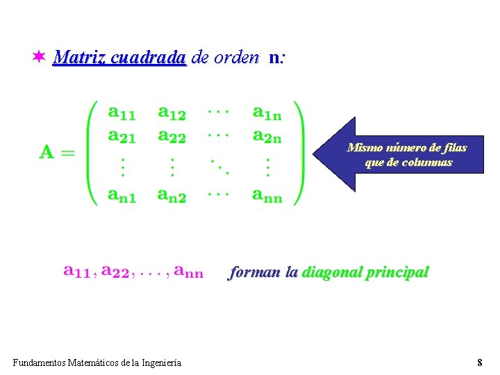 ¬ Matriz cuadrada de orden n: Mismo número de filas que de columnas forman ¬ Matriz cuadrada de orden n: Mismo número de filas que de columnas forman