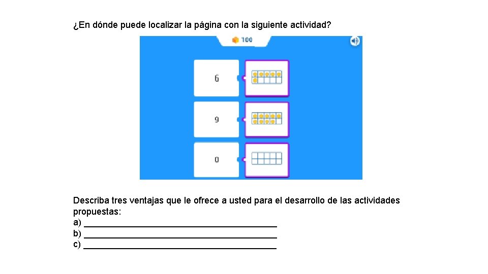 ¿En dónde puede localizar la página con la siguiente actividad? Describa tres ventajas que