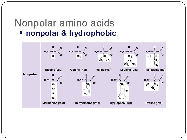 Nonpolar amino acids nonpolar & hydrophobic 