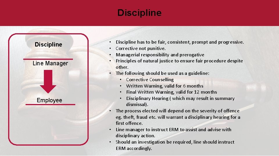 Discipline Line Manager • • • Employee • • • Discipline has to be