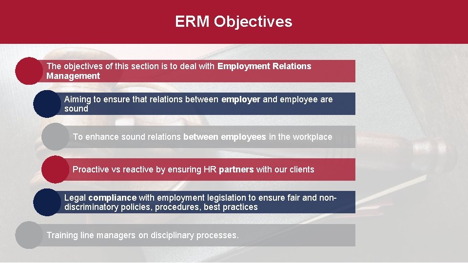 ERM Objectives The objectives of this section is to deal with Employment Relations Management