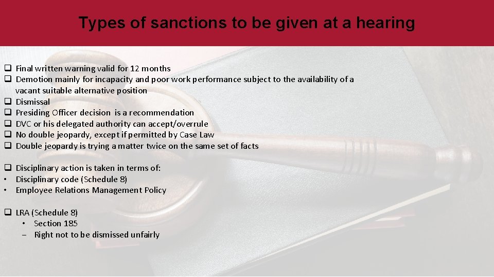 Types of sanctions to be given at a hearing q Final written warning valid