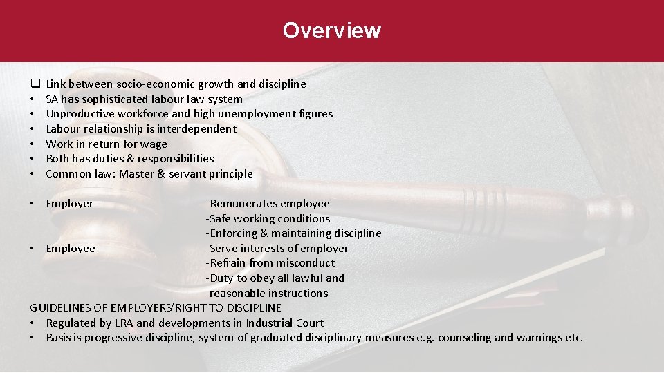 Overview q • • • Link between socio-economic growth and discipline SA has sophisticated