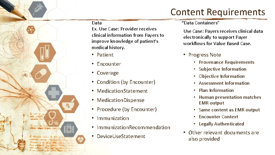Content Requirements Data Ex. Use Case: Provider receives clinical information from Payers to improve