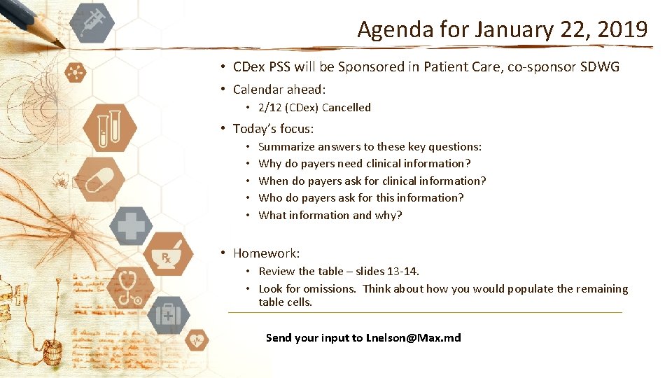 Agenda for January 22, 2019 • CDex PSS will be Sponsored in Patient Care,