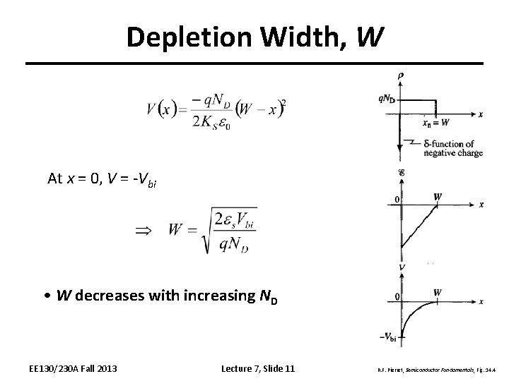 Depletion Width, W At x = 0, V = -Vbi • W decreases with