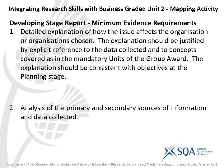 Integrating Research Skills with Business Graded Unit 2 - Mapping Activity Developing Stage Report