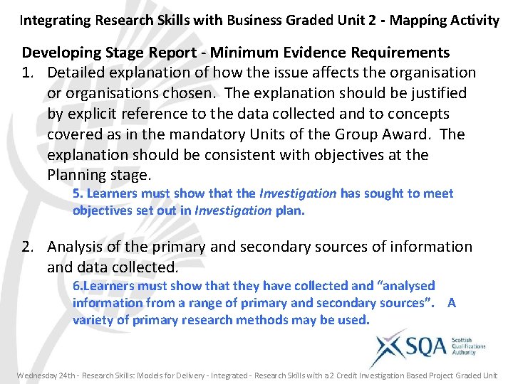 Integrating Research Skills with Business Graded Unit 2 - Mapping Activity Developing Stage Report