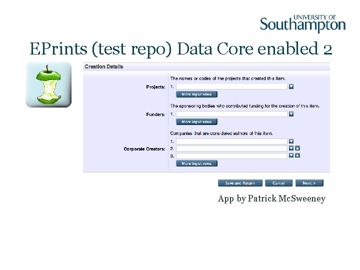 EPrints (test repo) Data Core enabled 2 App by Patrick Mc. Sweeney 