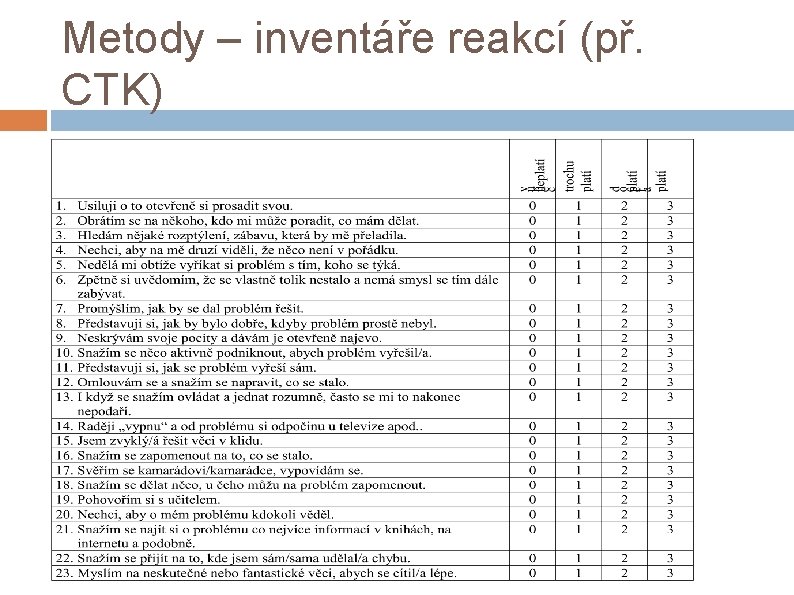 Metody – inventáře reakcí (př. CTK) 