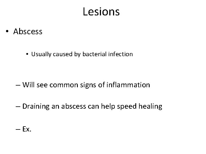 Lesions • Abscess • Usually caused by bacterial infection – Will see common signs