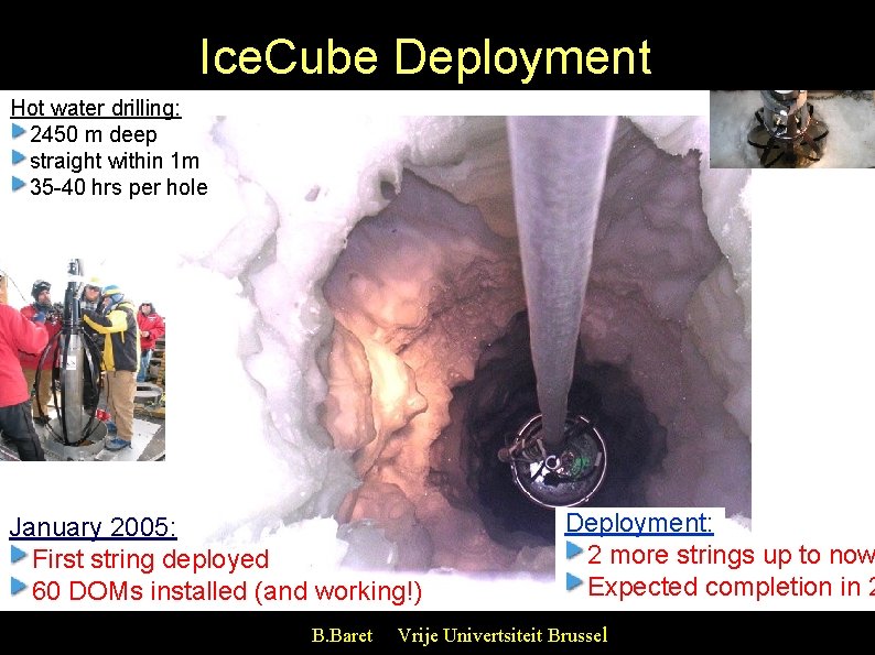 Ice. Cube Deployment Hot water drilling: 2450 m deep straight within 1 m 35
