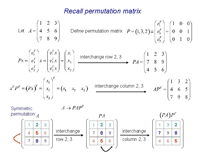 Recall permutation matrix Let Define permutation matrix interchange row 2, 3 interchange column 2,