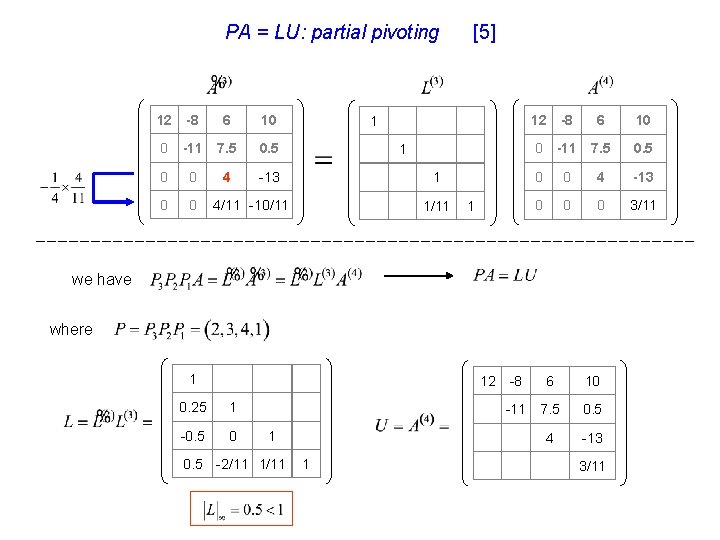 PA = LU: partial pivoting 12 -8 6 10 0 -11 7. 5 0