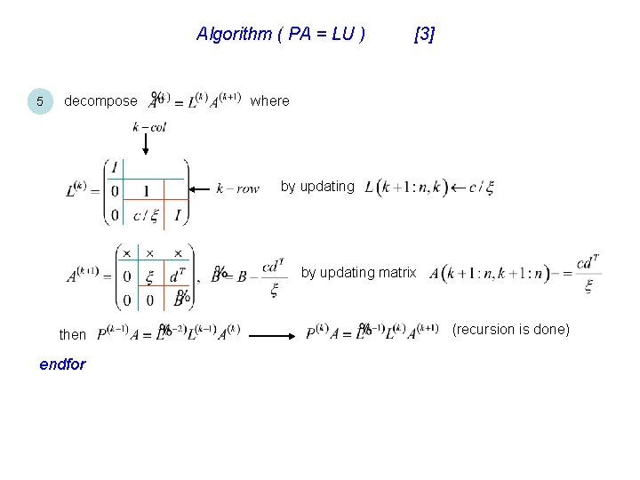 Algorithm ( PA = LU ) 5 decompose [3] where by updating matrix then