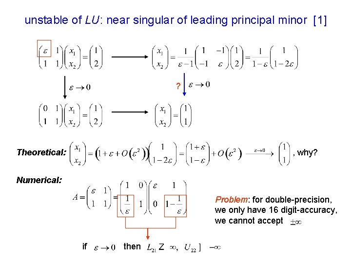 unstable of LU: near singular of leading principal minor [1] ? Theoretical: , why?