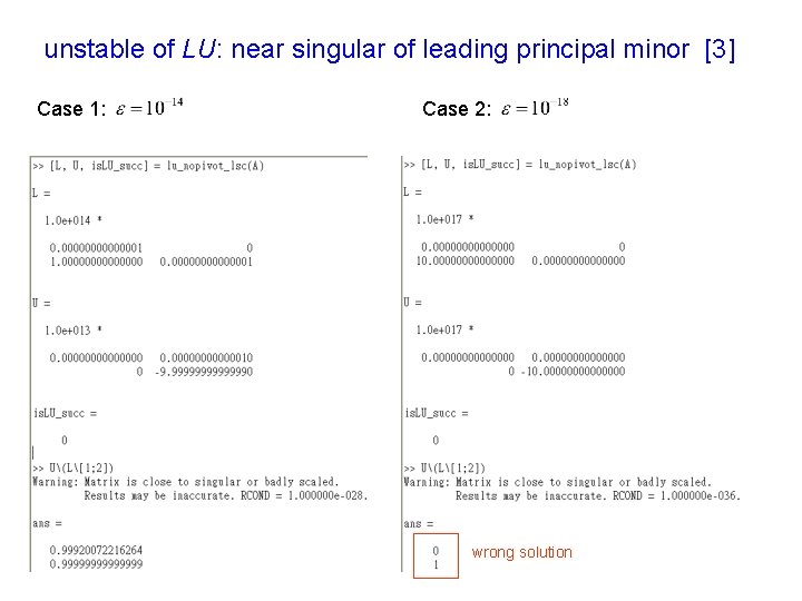 unstable of LU: near singular of leading principal minor [3] Case 1: Case 2: