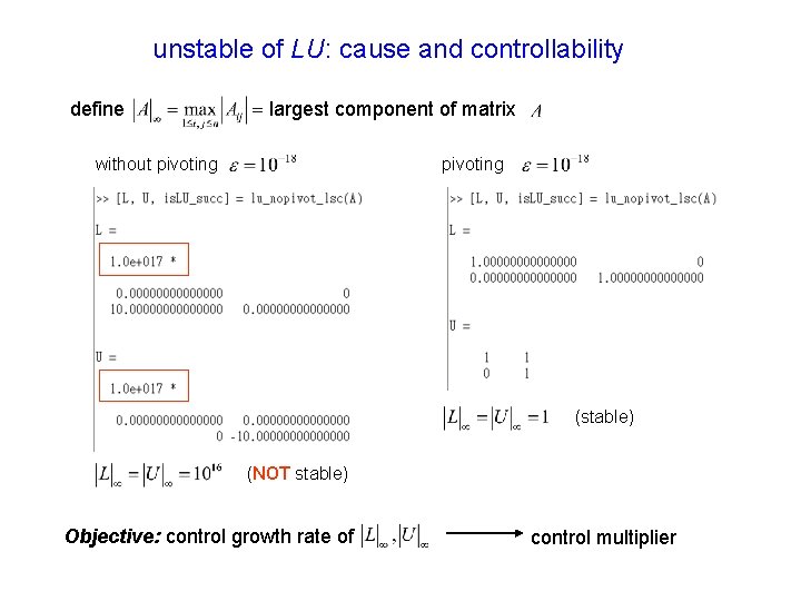 unstable of LU: cause and controllability define largest component of matrix without pivoting (stable)