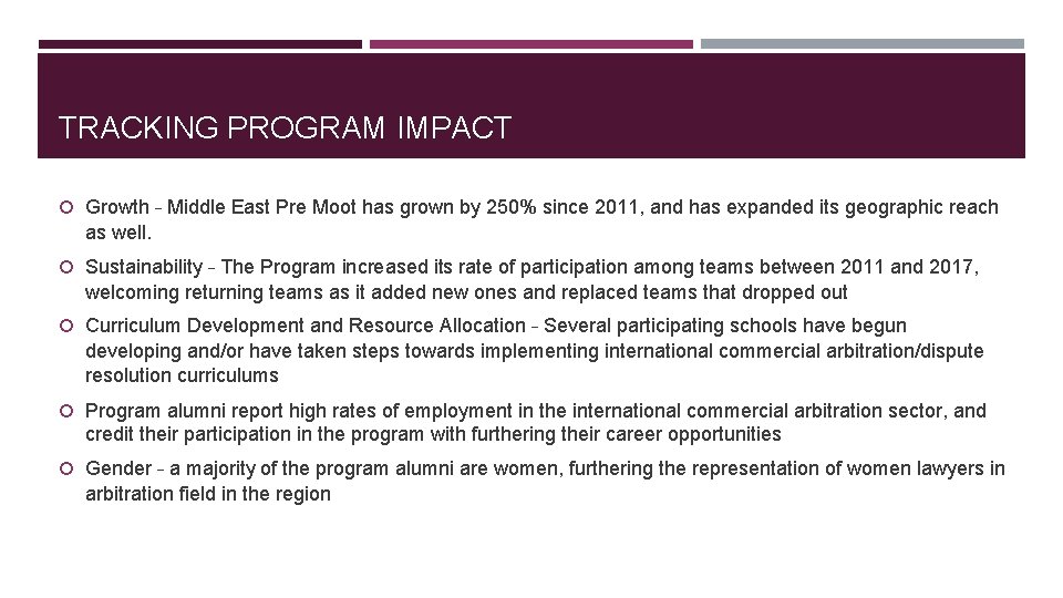 TRACKING PROGRAM IMPACT Growth – Middle East Pre Moot has grown by 250% since