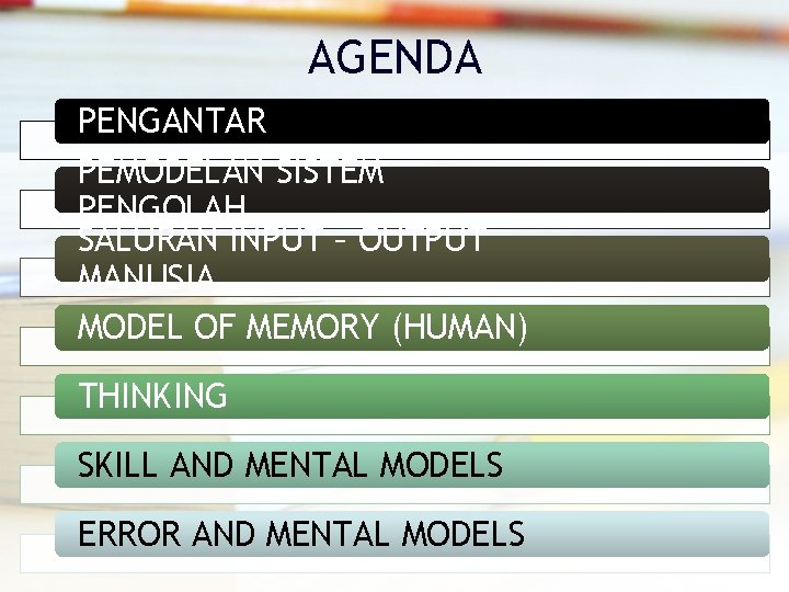AGENDA PENGANTAR PEMODELAN SISTEM PENGOLAH SALURAN INPUT – OUTPUT MANUSIA MODEL OF MEMORY (HUMAN)
