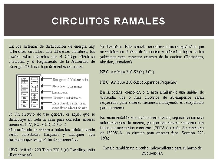 CIRCUITOS RAMALES En los sistemas de distribución de energía hay diferentes circuitos, con diferentes