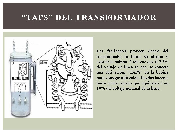 “TAPS” DEL TRANSFORMADOR Los fabricantes proveen dentro del transformador la forma de alargar o