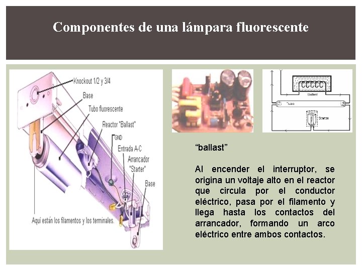 Componentes de una lámpara fluorescente “ballast” Al encender el interruptor, se origina un voltaje