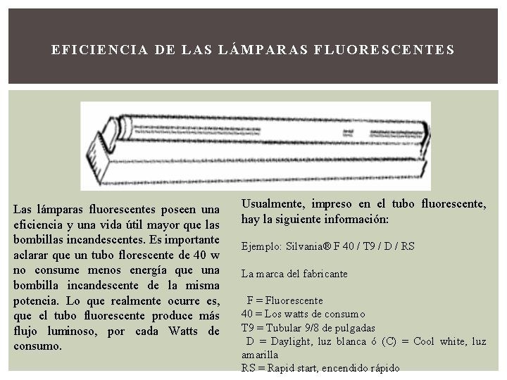 EFICIENCIA DE L AS LÁMPARAS FLUORESCENTE S Las lámparas fluorescentes poseen una eficiencia y