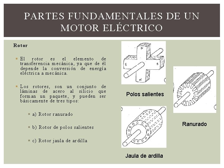 PARTES FUNDAMENTALES DE UN MOTOR ELÉCTRICO Rotor § El rotor es el elemento de