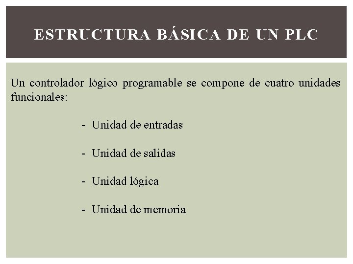 ESTRUCTURA BÁSICA DE UN PLC Un controlador lógico programable se compone de cuatro unidades