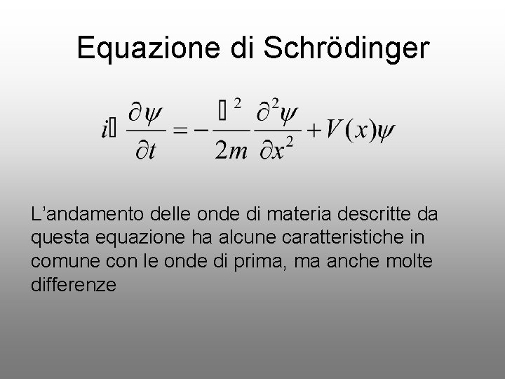 Equazione di Schrödinger L’andamento delle onde di materia descritte da questa equazione ha alcune