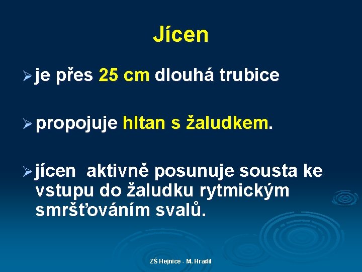 Jícen Ø je přes 25 cm dlouhá trubice Ø propojuje hltan s žaludkem. Ø