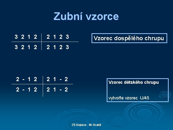 Zubní vzorce 3 2 1 2 3 2 - 1 2 2 1 -