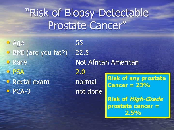 “Risk of Biopsy-Detectable Prostate Cancer” • Age • BMI (are you fat? ) •