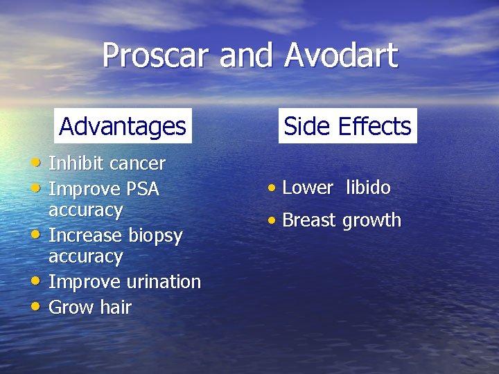 Proscar and Avodart Advantages • Inhibit cancer • Improve PSA • • • accuracy