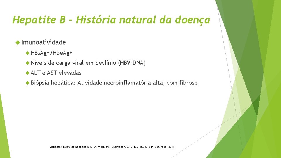 Hepatite B – História natural da doença Imunoatividade HBs. Ag+/Hbe. Ag+ Níveis ALT de