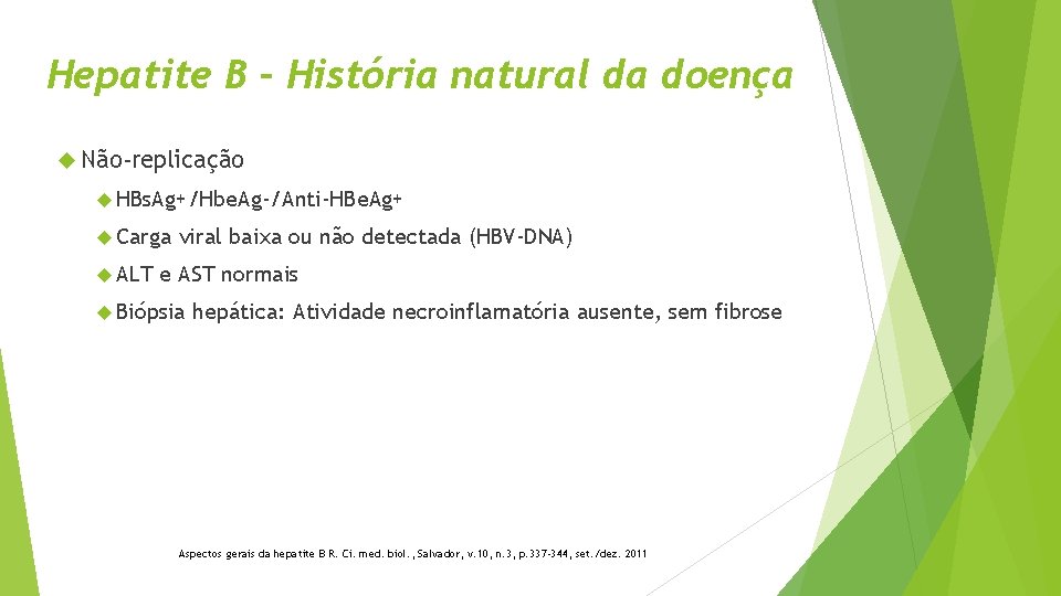 Hepatite B – História natural da doença Não-replicação HBs. Ag+/Hbe. Ag-/Anti-HBe. Ag+ Carga ALT