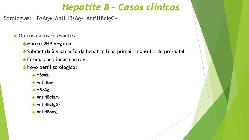 Hepatite B – Casos clínicos Sorologias: HBs. Ag+ Anti. HBs. Ag- Anti. HBc. Ig.