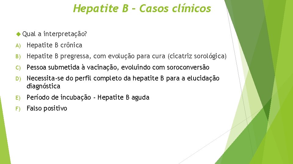 Hepatite B – Casos clínicos Qual a interpretação? A) Hepatite B crônica B) Hepatite