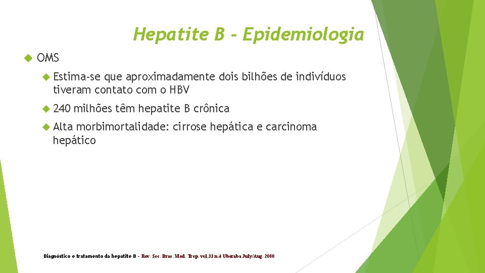 Hepatite B - Epidemiologia OMS Estima-se que aproximadamente dois bilhões de indivíduos tiveram contato