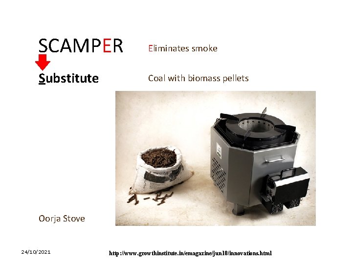SCAMPER Eliminates smoke Substitute Coal with biomass pellets Oorja Stove 24/10/2021 http: //www. growthinstitute.