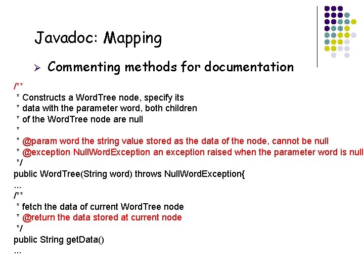 Javadoc: Mapping Ø Commenting methods for documentation /** * Constructs a Word. Tree node,