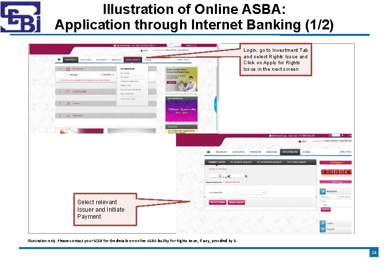 Illustration of Online ASBA: Application through Internet Banking (1/2) Login, go to Investment Tab