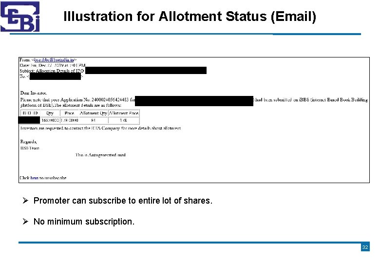 Illustration for Allotment Status (Email) Promoter can subscribe to entire lot of shares. No